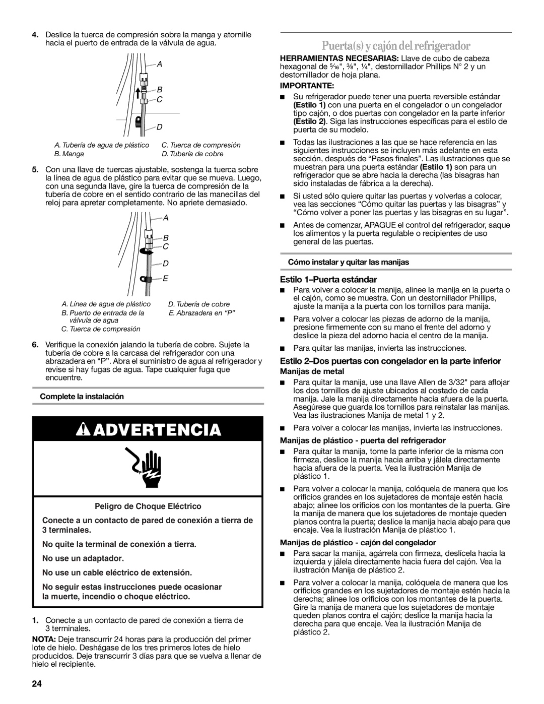 Whirlpool W10297791 installation instructions Puertas y cajóndel refrigerador, Estilo 1-Puerta estándar 