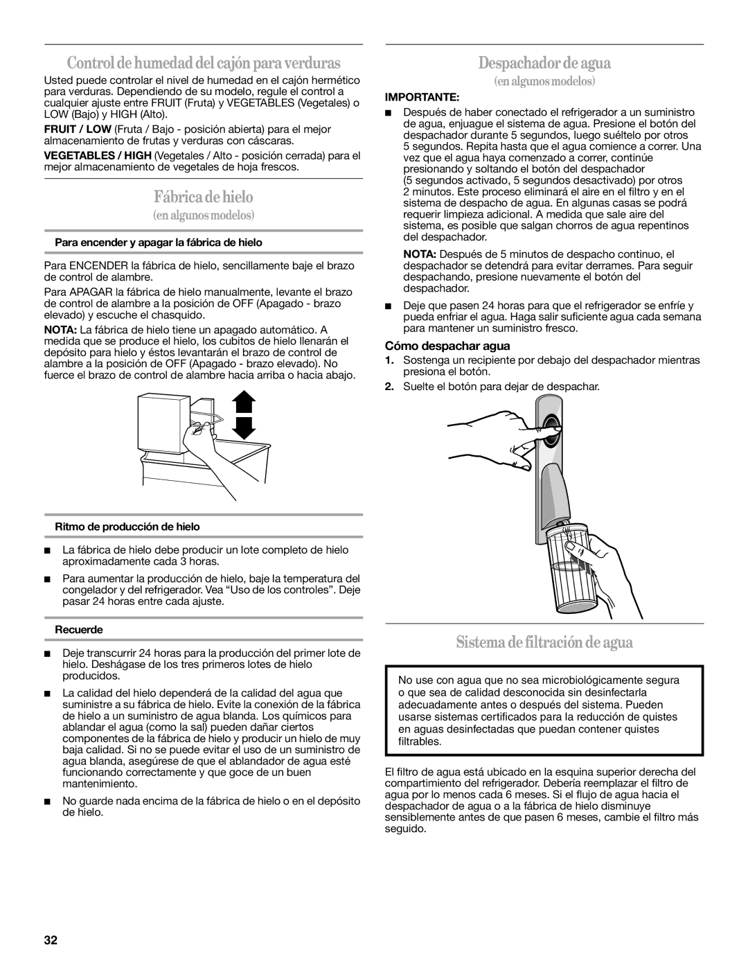 Whirlpool W10297791 Fábrica de hielo, Despachador de agua, Sistema de filtración de agua, Cómo despachar agua 