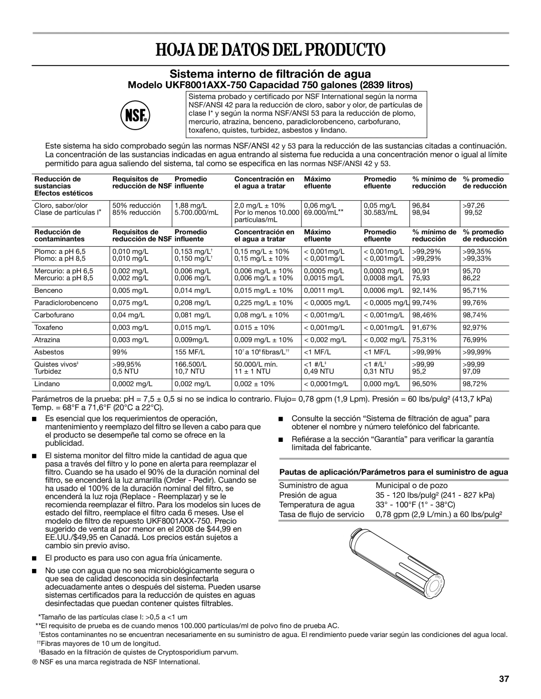 Whirlpool W10297791 Hoja DE Datos DEL Producto, Pautas de aplicación/Parámetros para el suministro de agua 