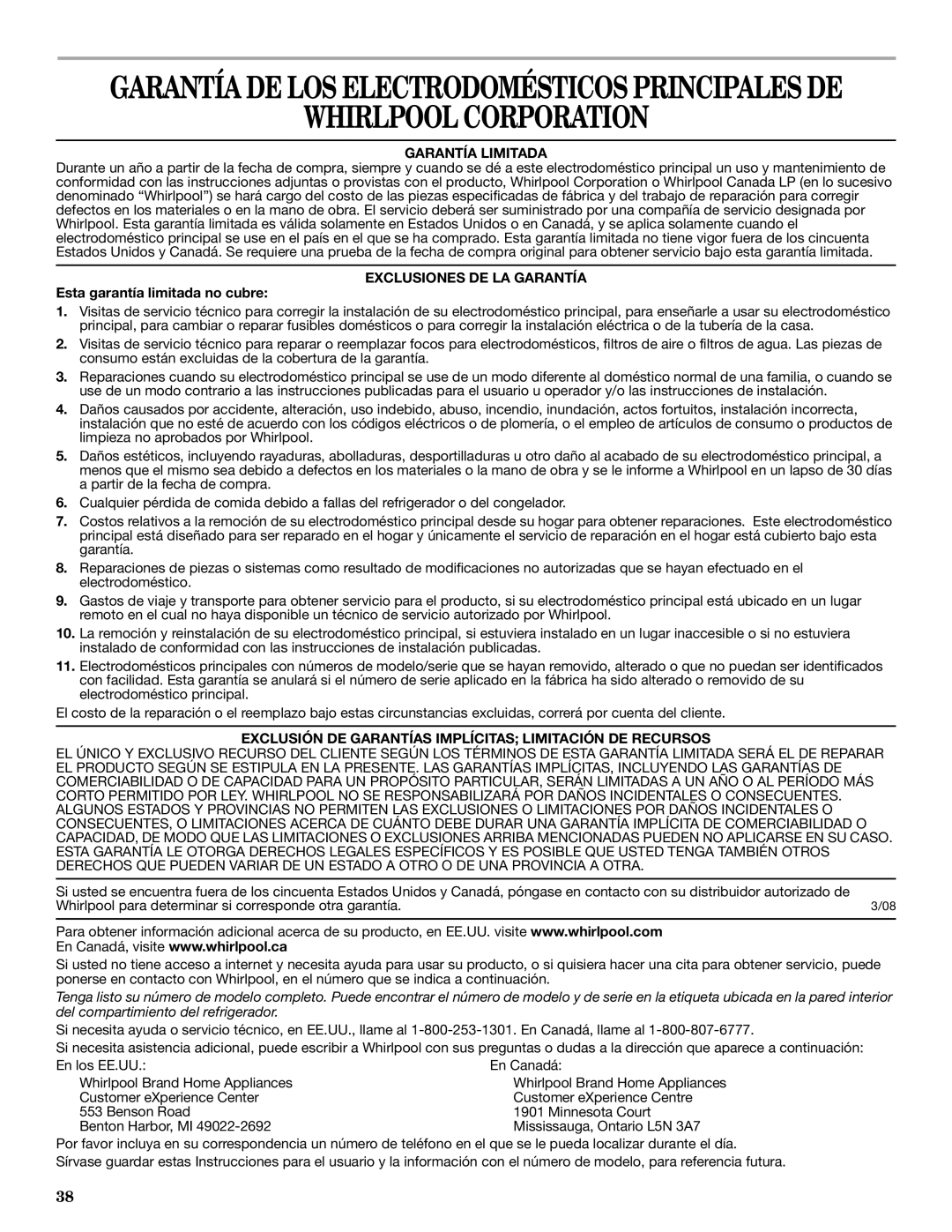 Whirlpool W10297791 Whirlpool Corporation, Garantía Limitada, Exclusiones DE LA Garantía, Esta garantía limitada no cubre 