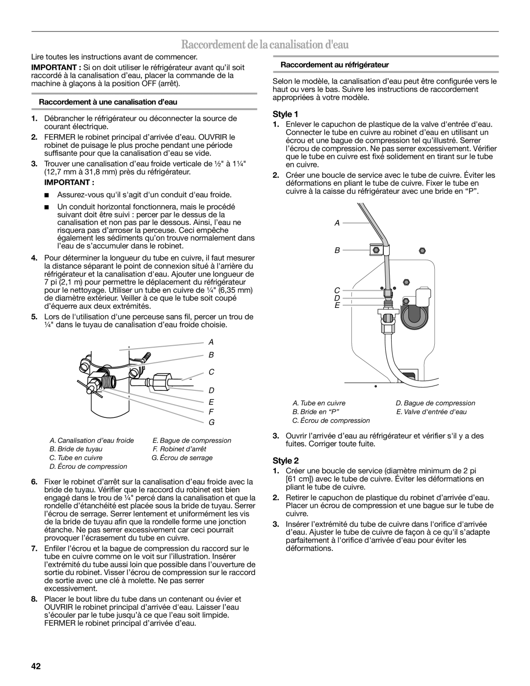 Whirlpool W10297791 installation instructions Raccordement de la canalisation deau, Raccordement à une canalisation d’eau 