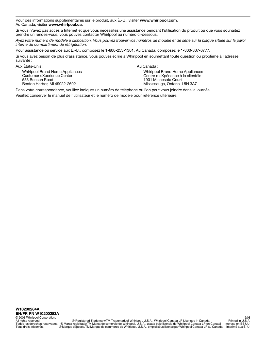 Whirlpool W10297791 installation instructions W10200284A EN/FR PN W10200283A, Whirlpool Corporation All rights reserved 