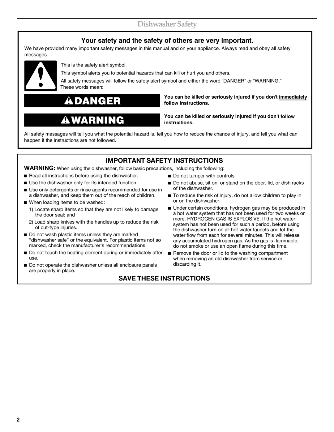 Whirlpool W10300929B warranty Danger, Dishwasher Safety, Important Safety Instructions, Save These Instructions 