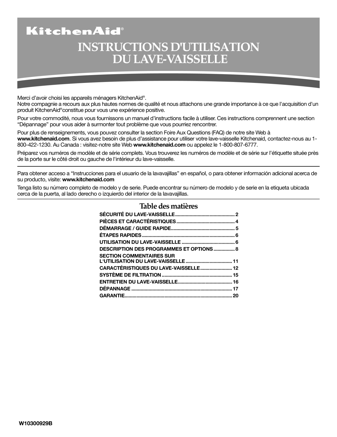 Whirlpool W10300929B warranty Instructions Dutilisation Du Lave-Vaisselle, Table des matières 