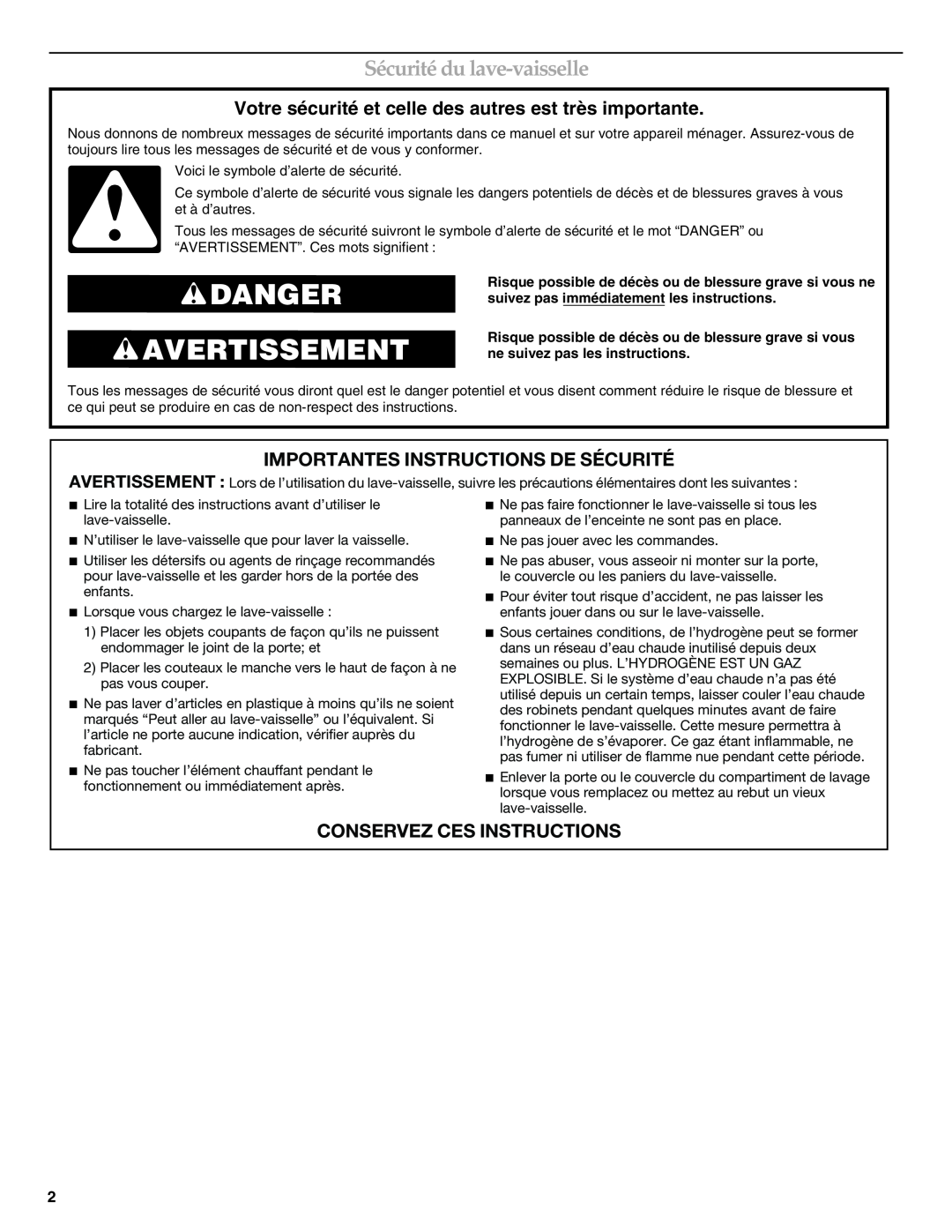 Whirlpool W10300929B warranty Danger Avertissement, Sécurité du lave-vaisselle, Importantes Instructions De Sécurité 