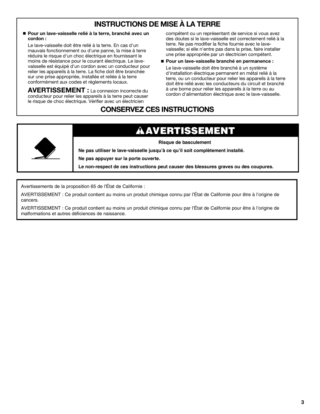 Whirlpool W10300929B warranty Avertissement, Instructions De Mise À La Terre, Conservez Ces Instructions 