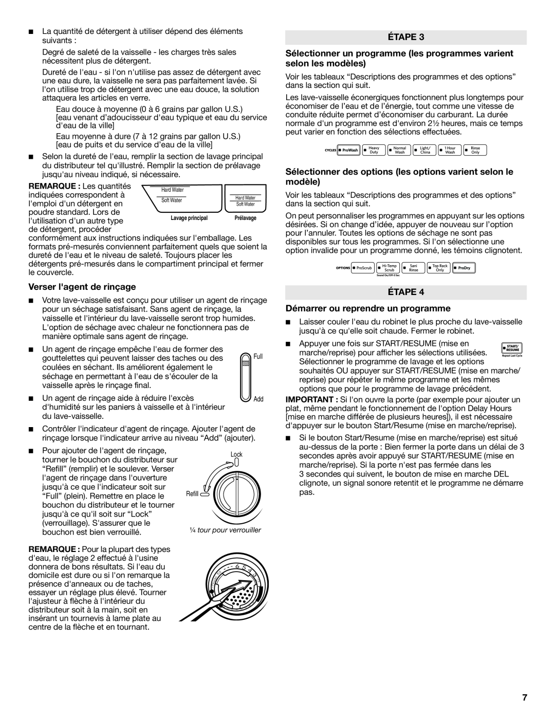 Whirlpool W10300929B warranty Verser lagent de rinçage, Étape, ÉTAPE Démarrer ou reprendre un programme 