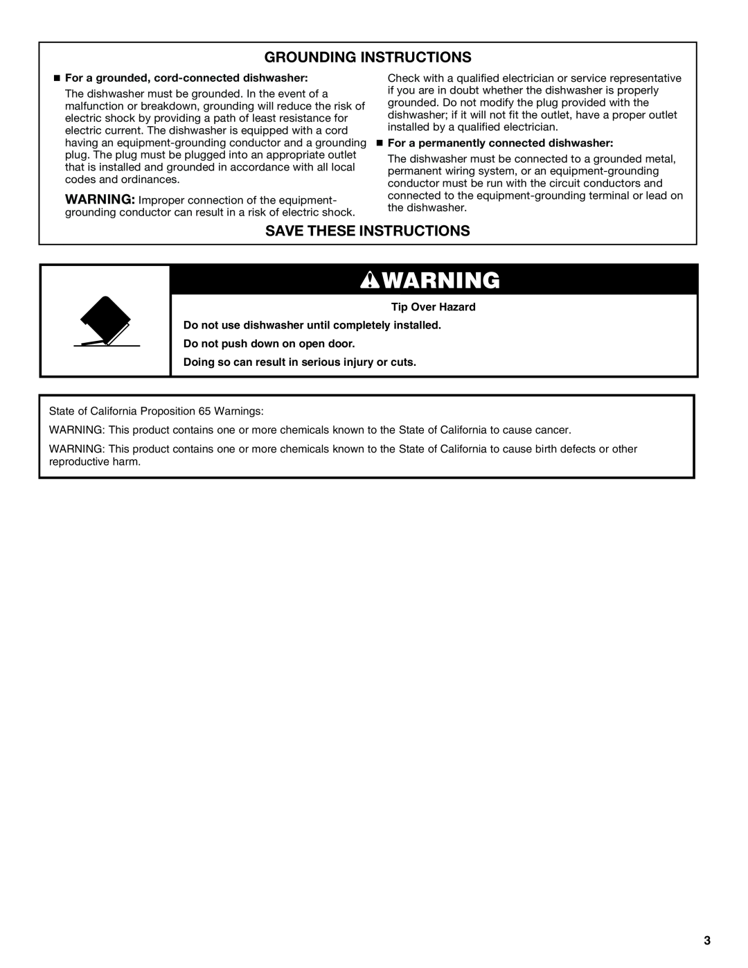 Whirlpool W10300929B warranty Grounding Instructions, Save These Instructions, For a grounded, cord-connecteddishwasher 