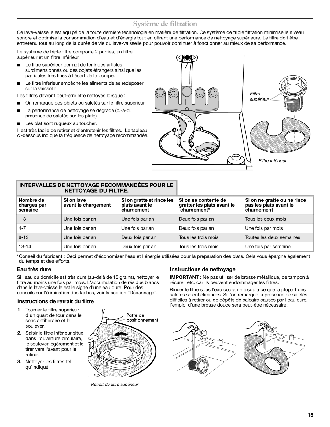 Whirlpool W10300929B warranty Système de filtration, Intervalles De Nettoyage Recommandées Pour Le, Nettoyage Du Filtre 