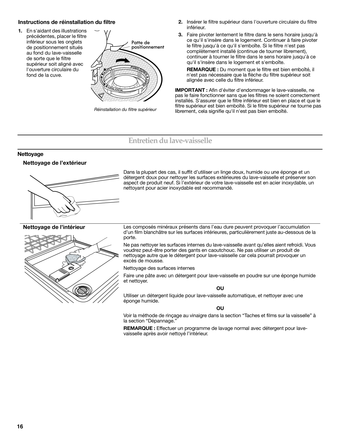 Whirlpool W10300929B Entretien du lave-vaisselle, Instructions de réinstallation du filtre, Nettoyage de l’intérieur 