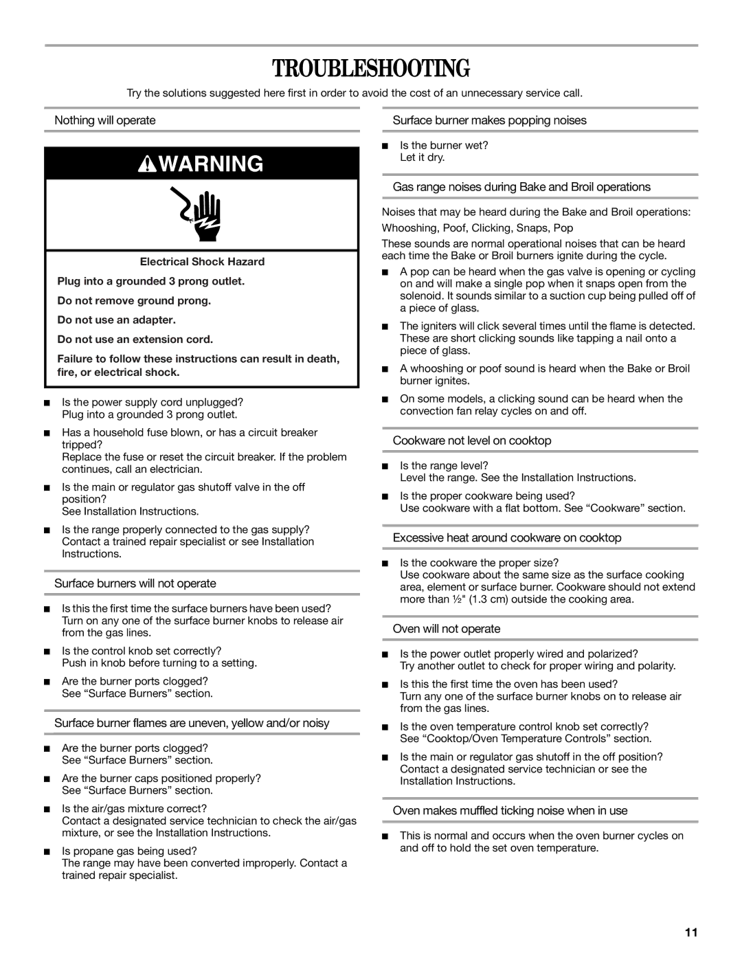 Whirlpool W10309091A manual Troubleshooting 