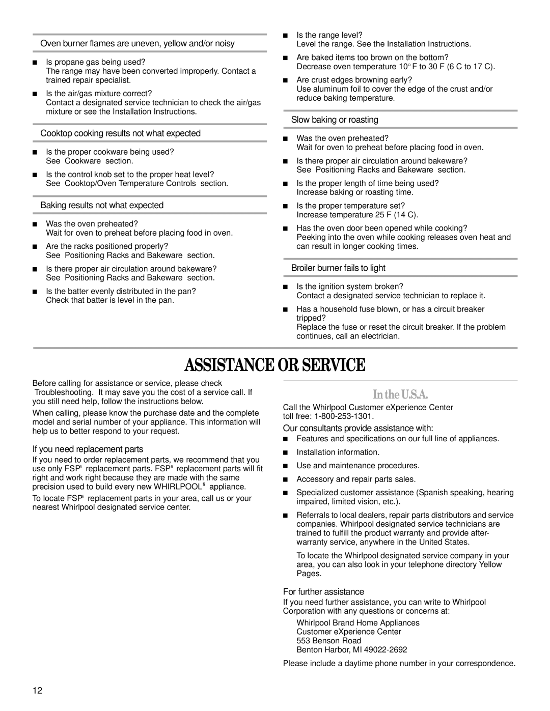 Whirlpool W10309091A manual Assistance or Service, Inthe U.S.A 