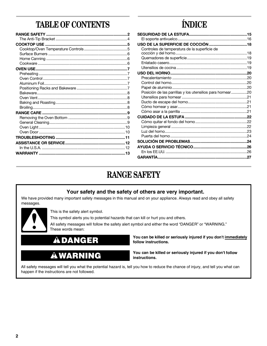 Whirlpool W10309091A manual Table of Contents, Range Safety 