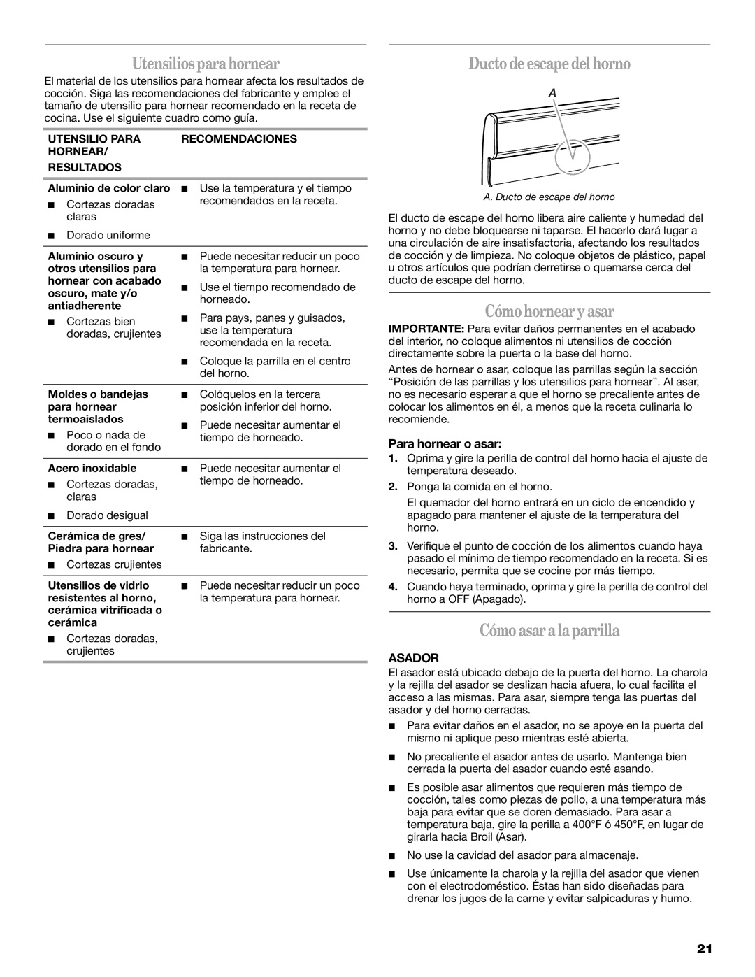 Whirlpool W10309091A Utensilios para hornear, Ducto de escape del horno, Cómo hornear y asar, Cómo asar a la parrilla 