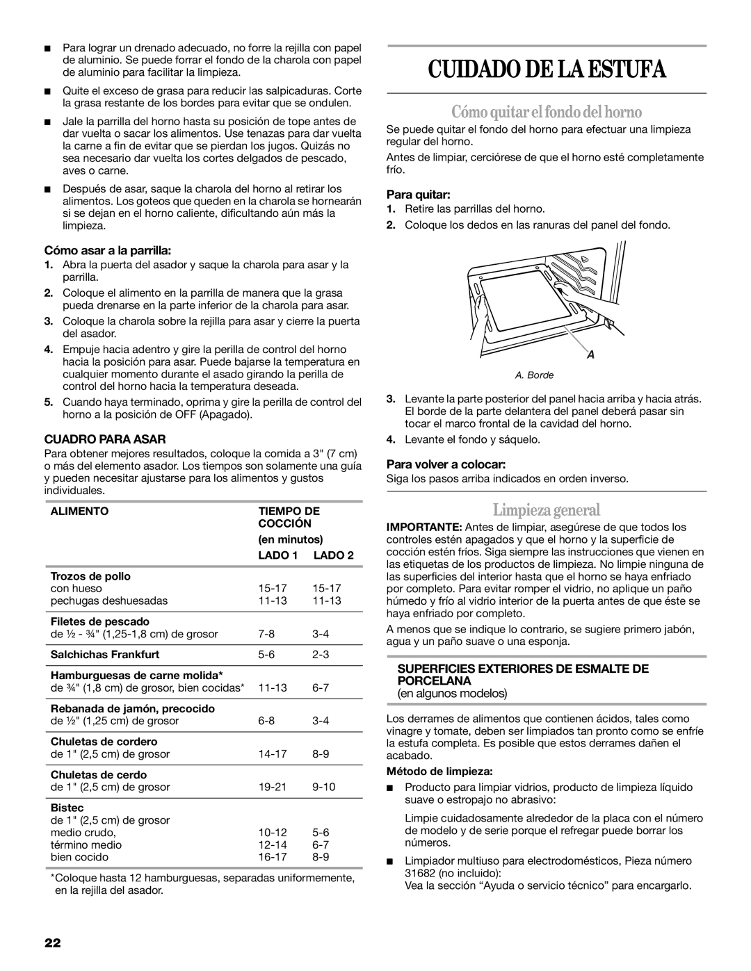 Whirlpool W10309091A manual Cuidado DE LA Estufa, Cómo quitar el fondo del horno, Limpieza general, Cuadro Para Asar 