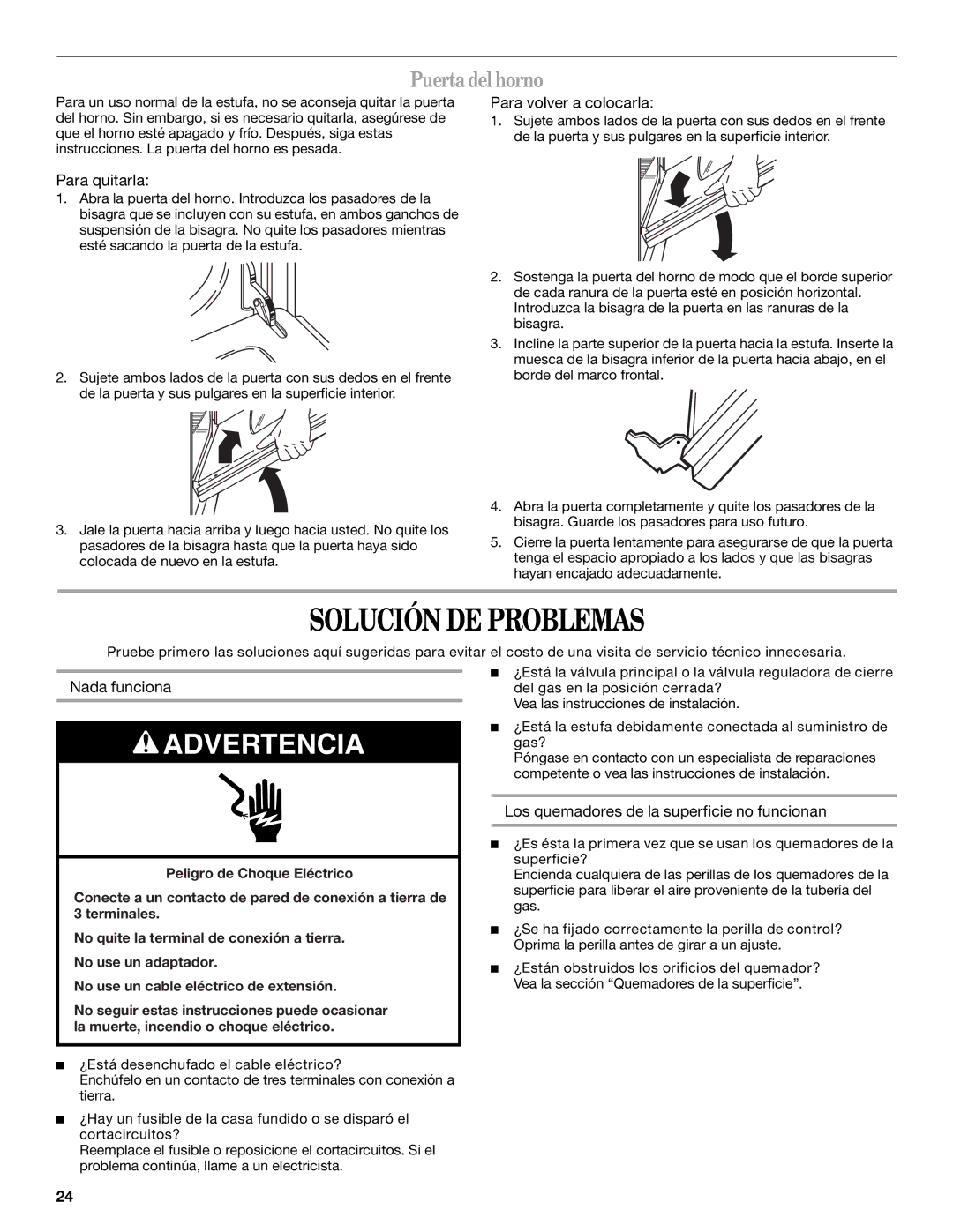 Whirlpool W10309091A manual Solución DE Problemas, Puerta del horno, Para quitarla, Para volver a colocarla 