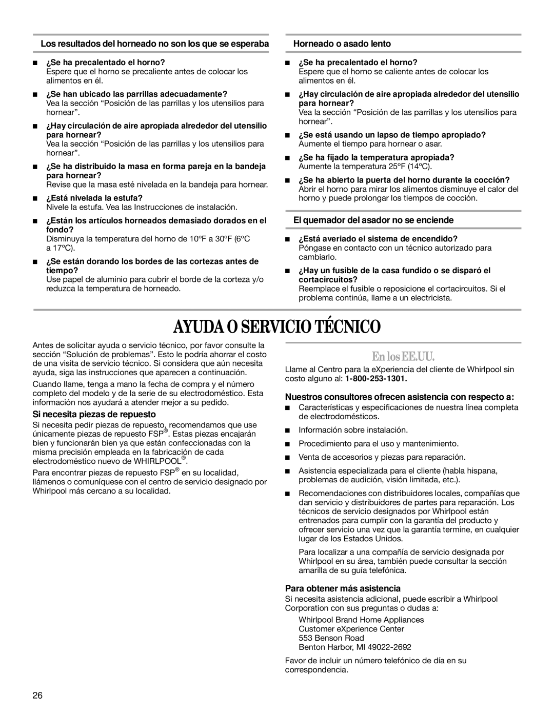 Whirlpool W10309091A manual Ayuda O Servicio Técnico, En los EE.UU 