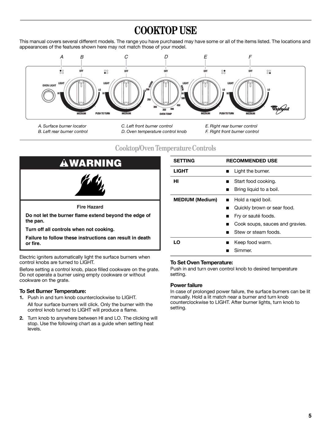 Whirlpool W10309091A Cooktop USE, Cooktop/OvenTemperatureControls, To Set Oven Temperature, To Set Burner Temperature 