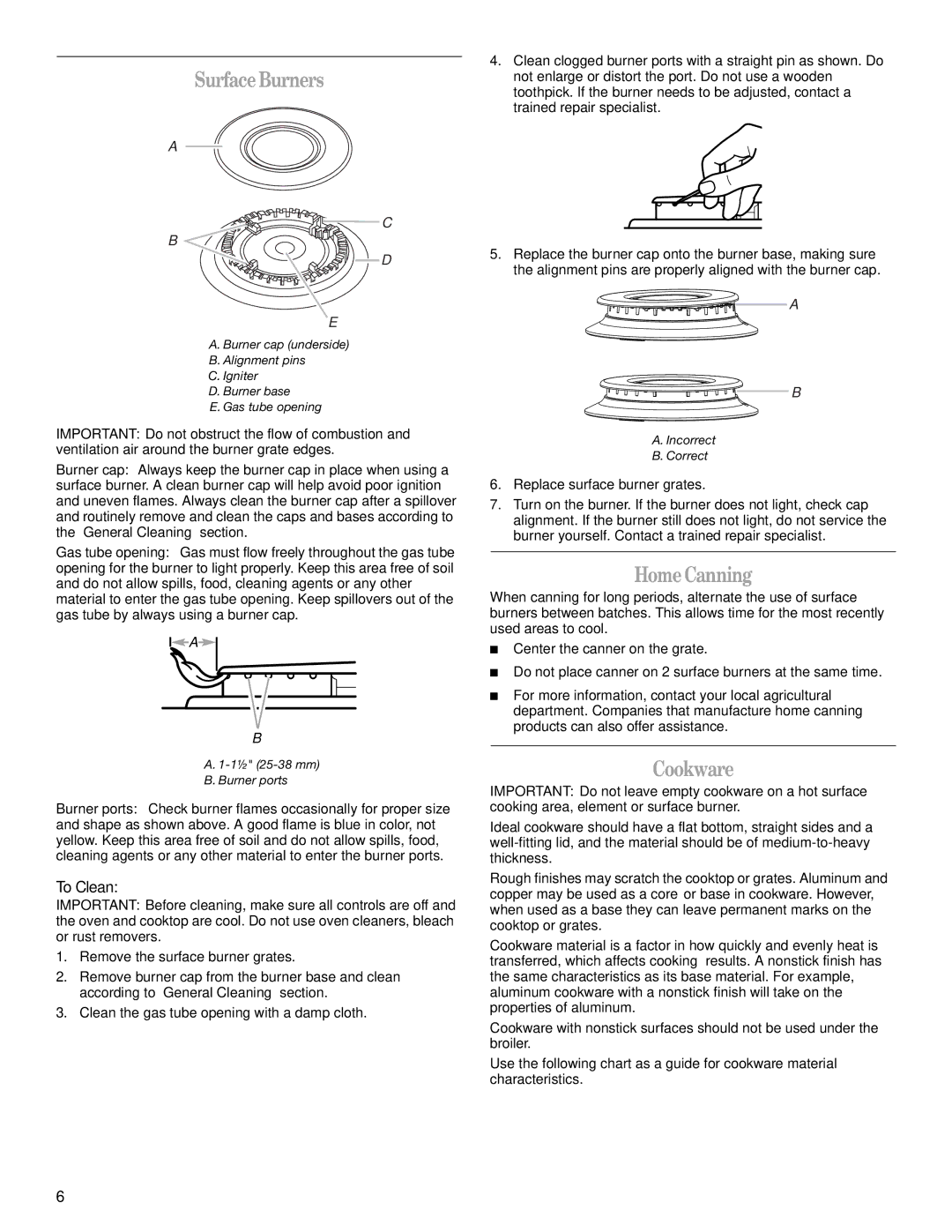 Whirlpool W10309091A manual Surface Burners, Home Canning, Cookware, To Clean 