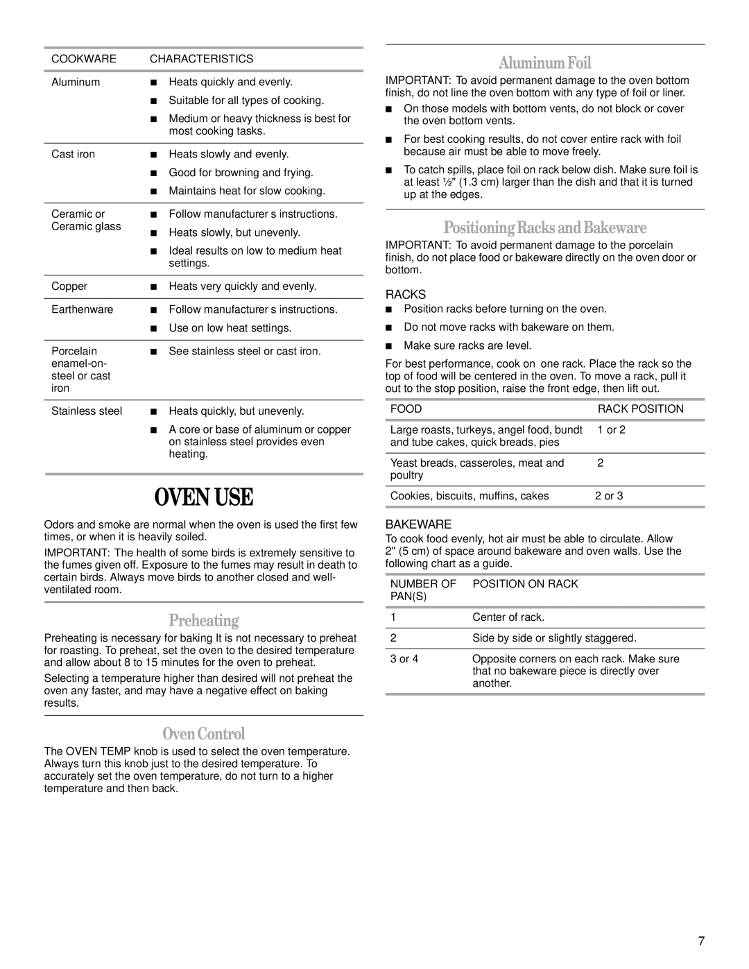 Whirlpool W10309091A manual Oven USE, Preheating, OvenControl, Aluminum Foil, Positioning Racks and Bakeware 