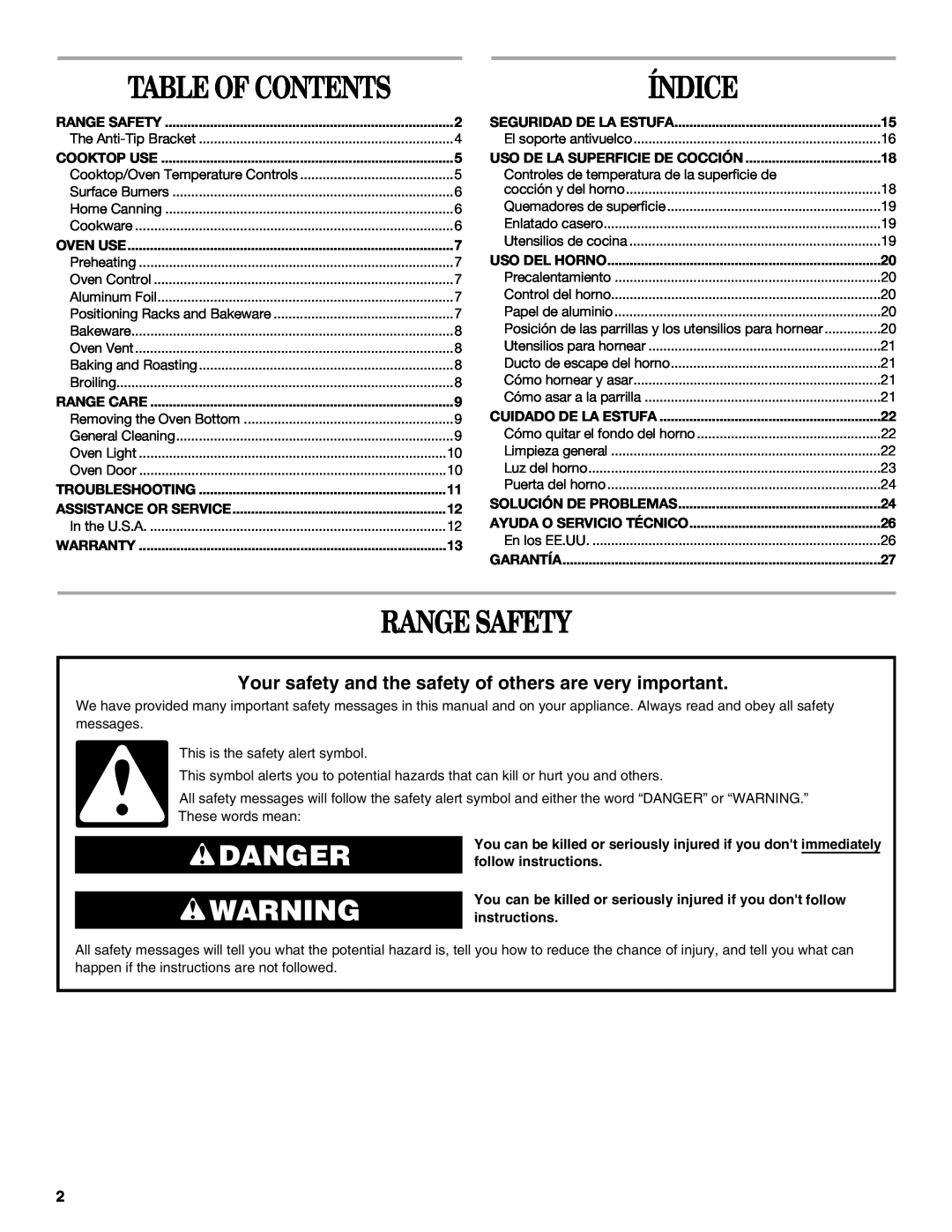 Whirlpool W10309091A manual Table Of Contents, Range Safety, Danger, Índice 