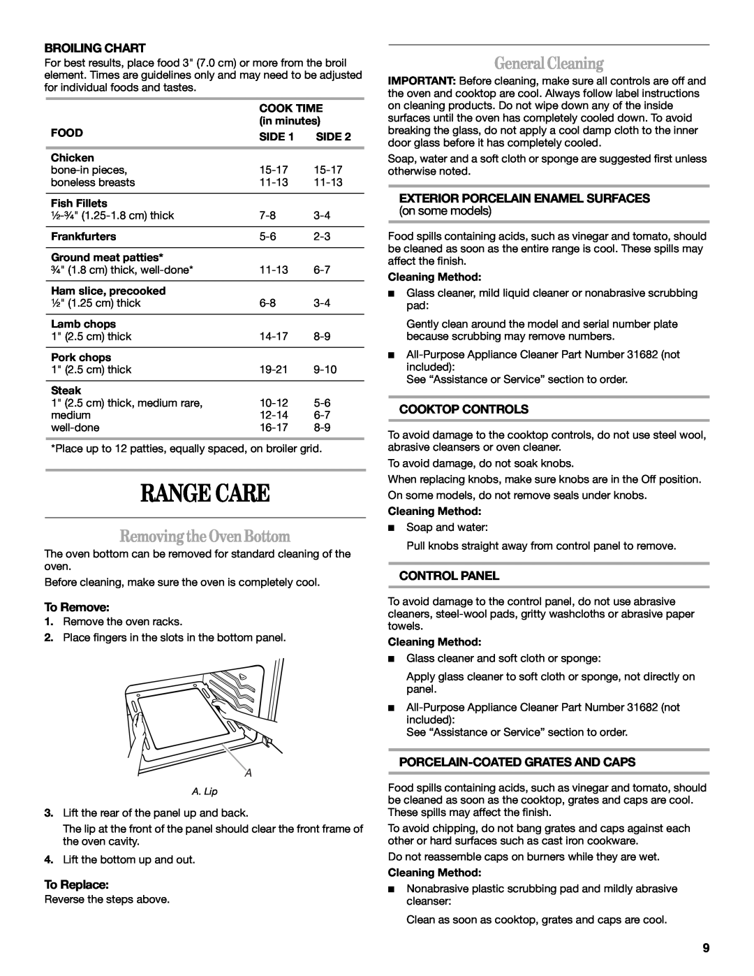 Whirlpool W10309091A manual Range Care, Removing the OvenBottom, GeneralCleaning, Broiling Chart, To Remove, To Replace 