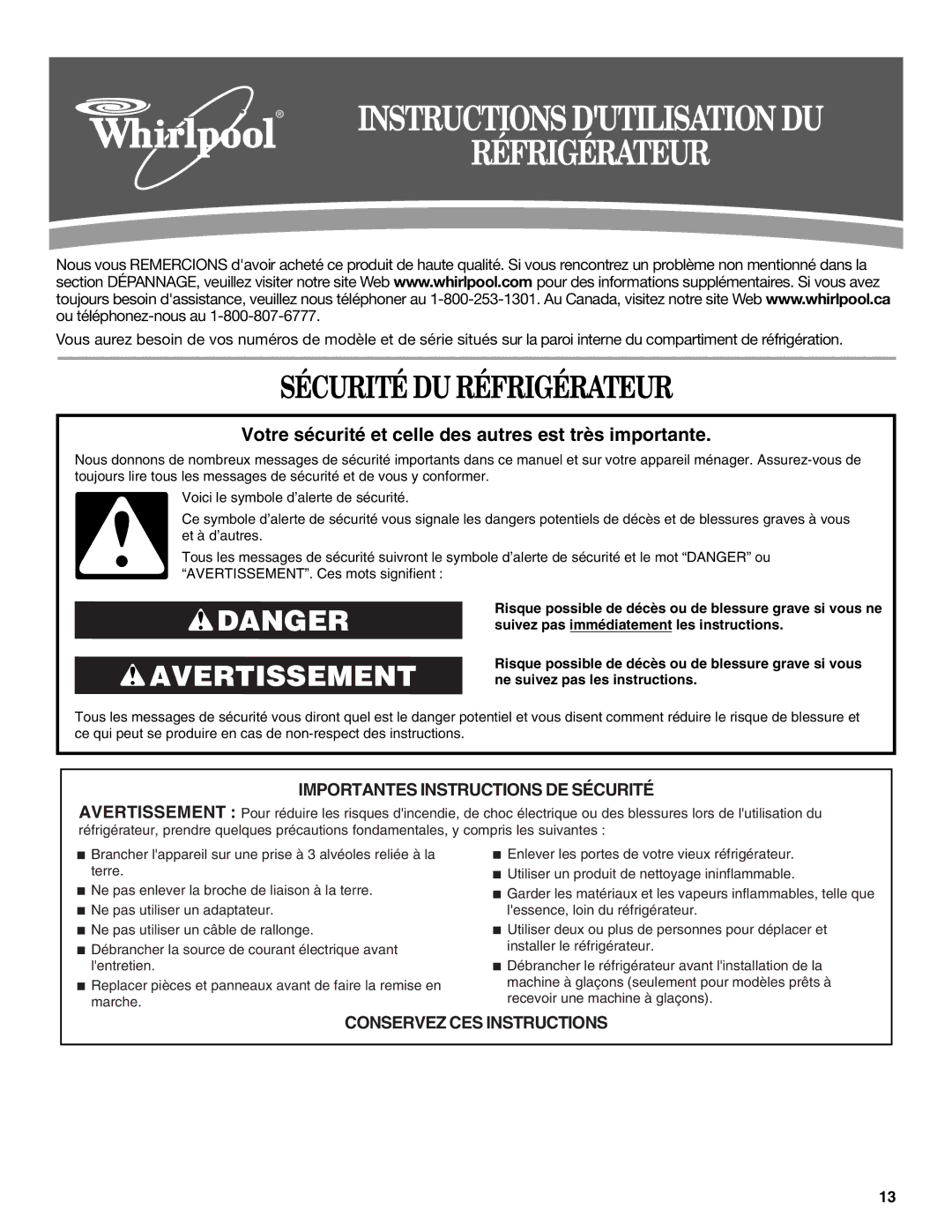 Whirlpool W10312241A installation instructions Sécurité DU Réfrigérateur 