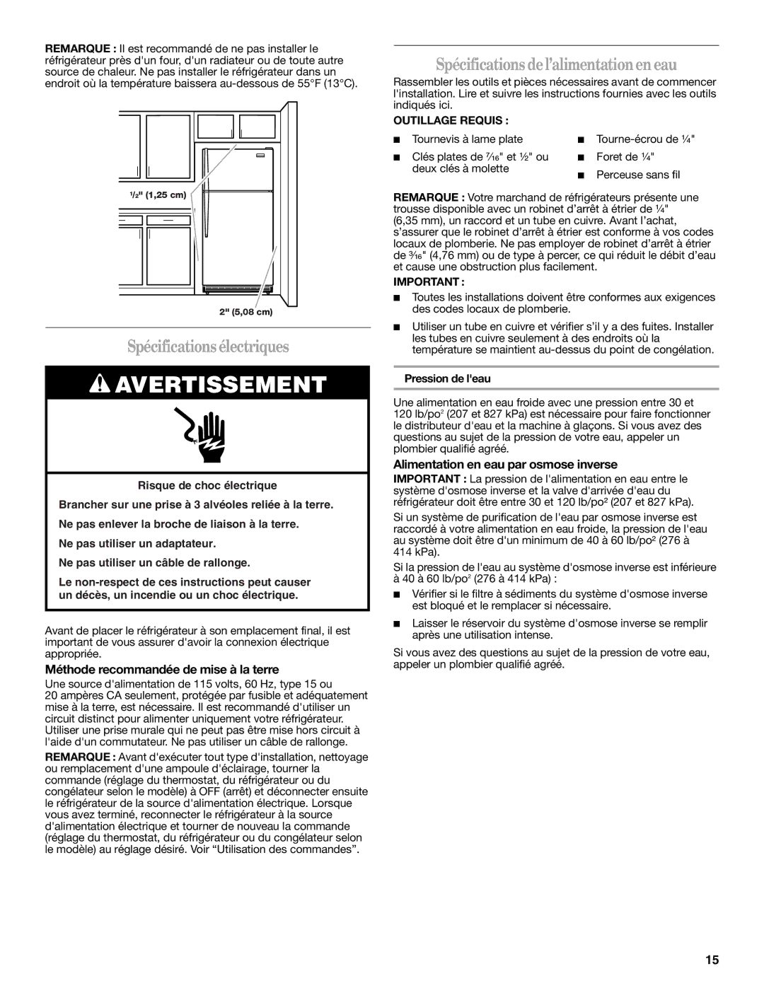 Whirlpool W10312241A Spécificationsélectriques, Spécifications del’alimentationen eau, Outillage Requis 