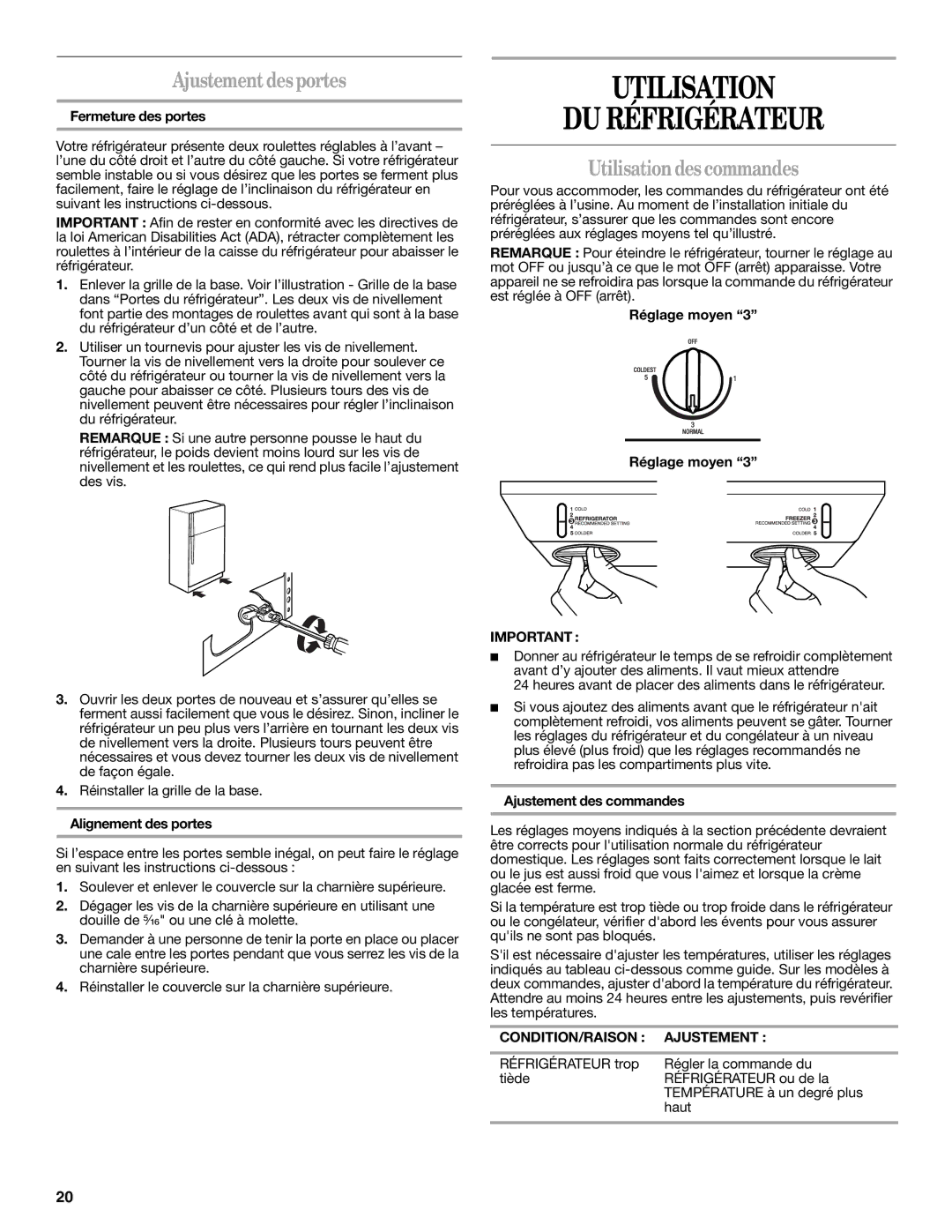 Whirlpool W10312241A Utilisation DU Réfrigérateur, Ajustement desportes, Utilisation des commandes 