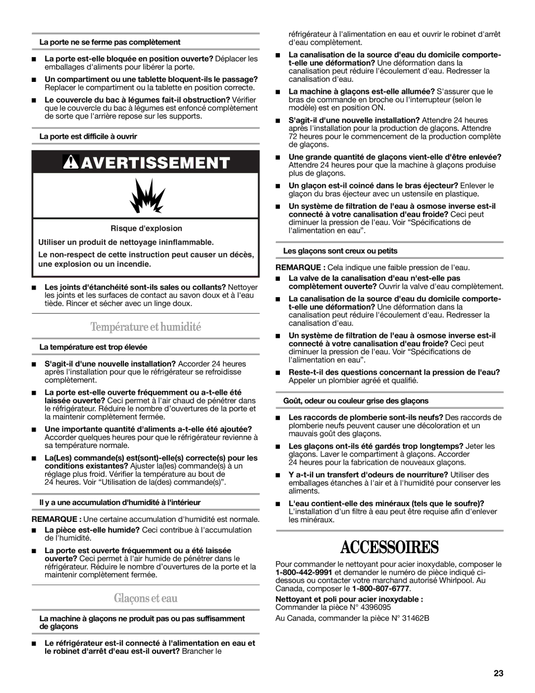 Whirlpool W10312241A installation instructions Accessoires, Température et humidité, Glaçons et eau 