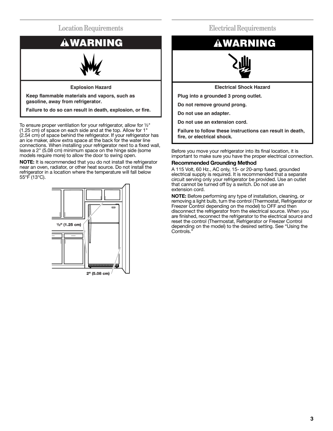 Whirlpool W10312241A installation instructions LocationRequirements, Electrical Requirements, Recommended Grounding Method 