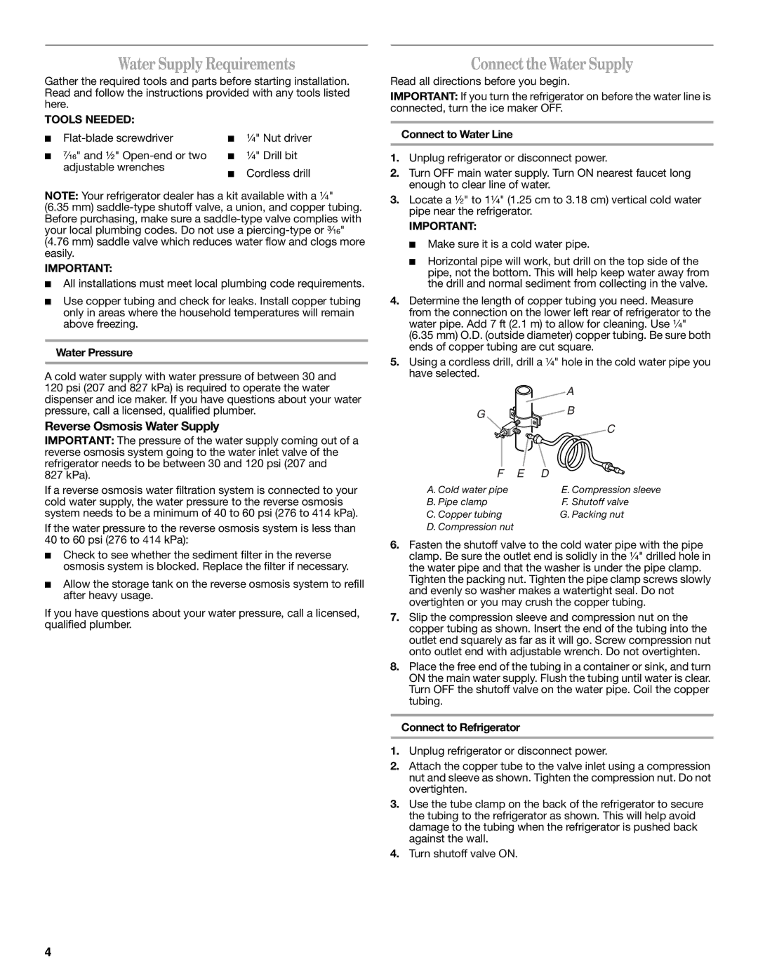 Whirlpool W10312241A Water Supply Requirements, Connect the Water Supply, Reverse Osmosis Water Supply, Tools Needed 