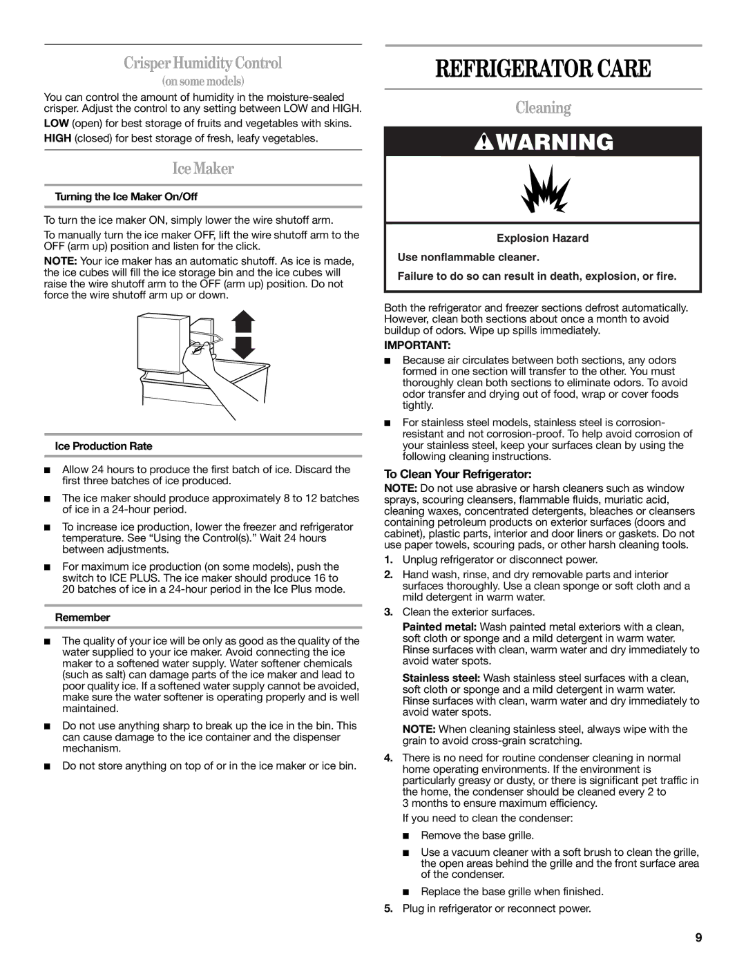 Whirlpool W10312241A Refrigerator Care, Crisper Humidity Control, Ice Maker, Cleaning, To Clean Your Refrigerator 