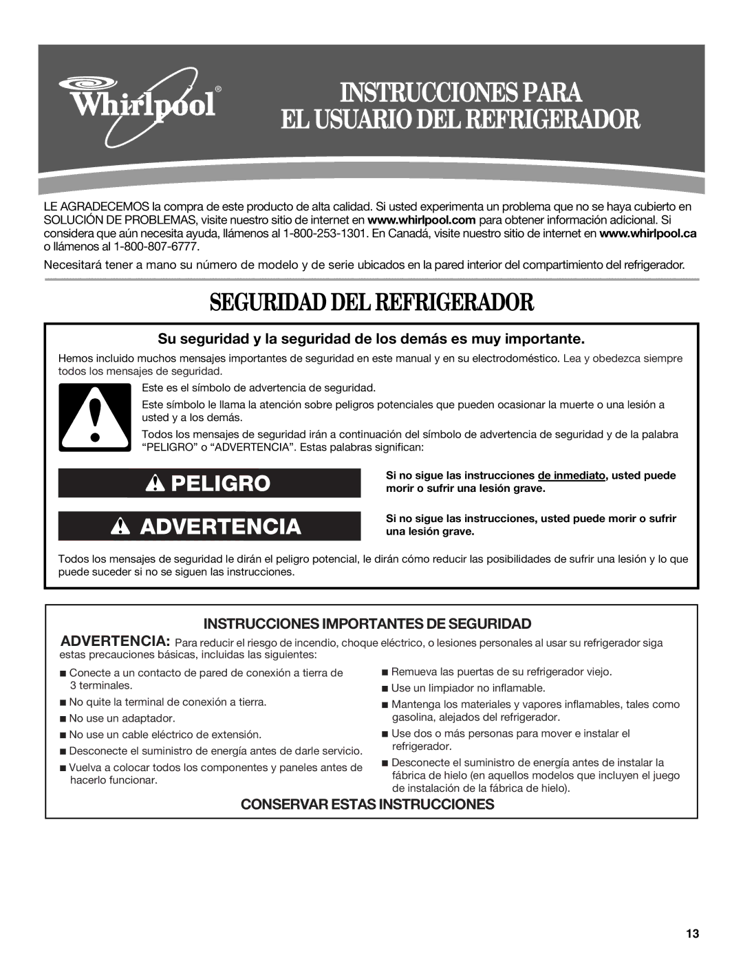 Whirlpool W10312242A installation instructions Seguridad DEL Refrigerador, EL Usuario DEL Refrigerador 