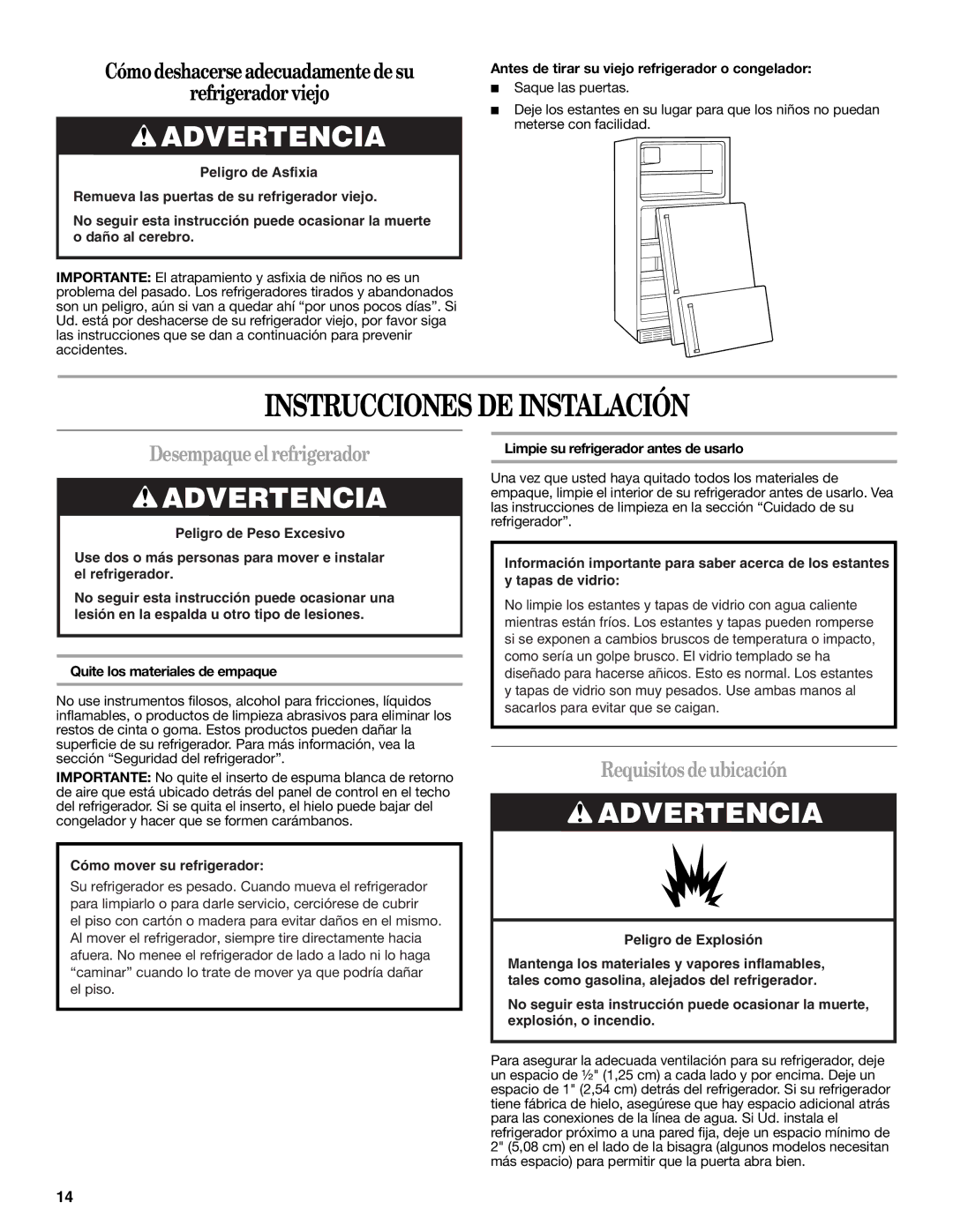 Whirlpool W10312242A Instrucciones DE Instalación, Desempaque el refrigerador, Requisitos de ubicación 