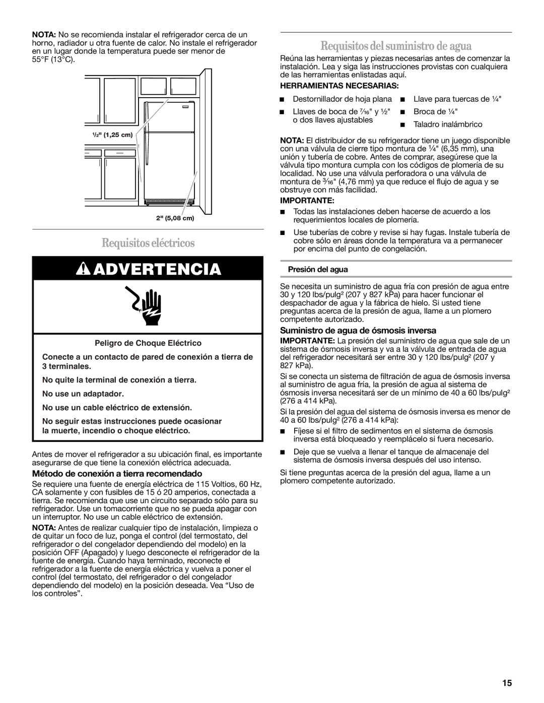 Whirlpool W10312242A Requisitos eléctricos, Requisitos del suministro de agua, Método de conexión a tierra recomendado 