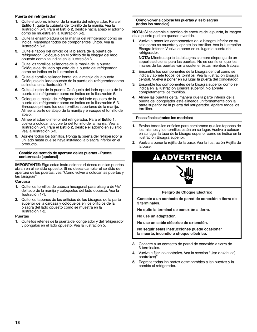 Whirlpool W10312242A installation instructions Puerta del refrigerador, Puertas, Pasos finales todos los modelos 