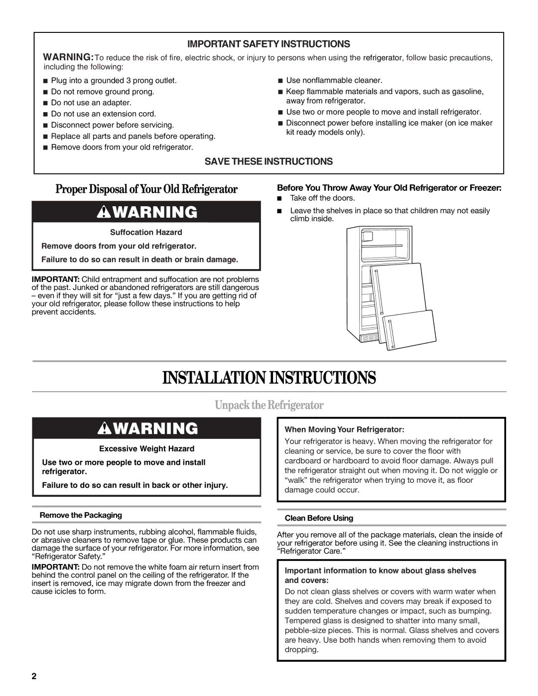 Whirlpool W10312242A Installation Instructions, Unpack the Refrigerator, Remove the Packaging Clean Before Using 