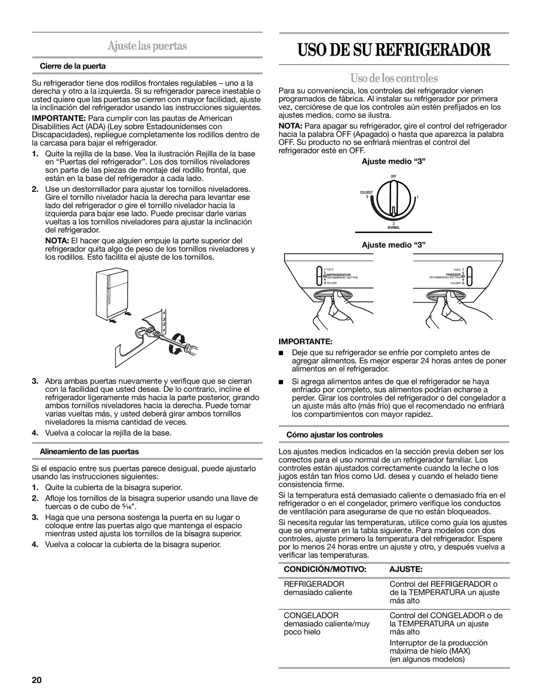 Whirlpool W10312242A installation instructions Ajustelas puertas, Uso de los controles, CONDICIÓN/MOTIVO Ajuste 