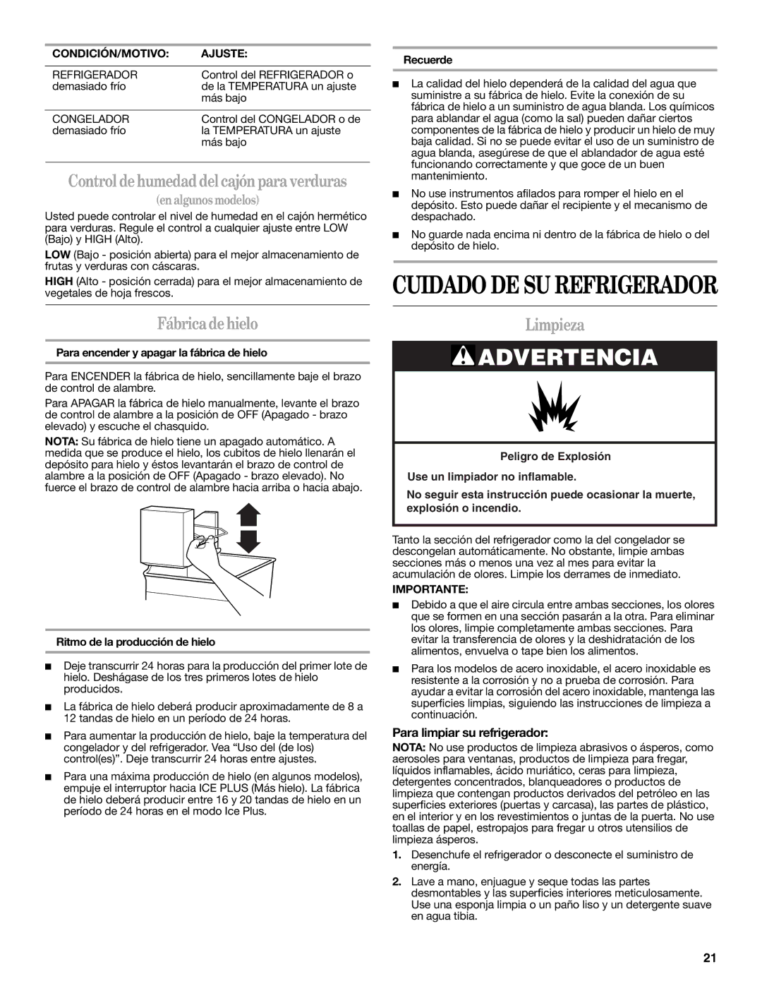 Whirlpool W10312242A installation instructions Fábrica de hielo, Limpieza, Para limpiar su refrigerador 