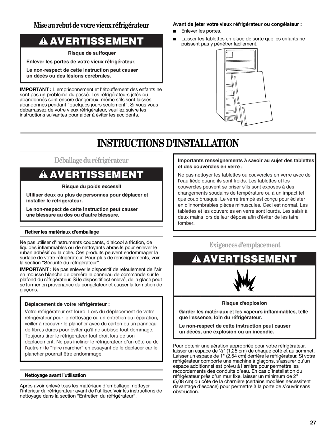 Whirlpool W10312242A Instructions Dinstallation, Déballagedu réfrigérateur, Exigences demplacement 