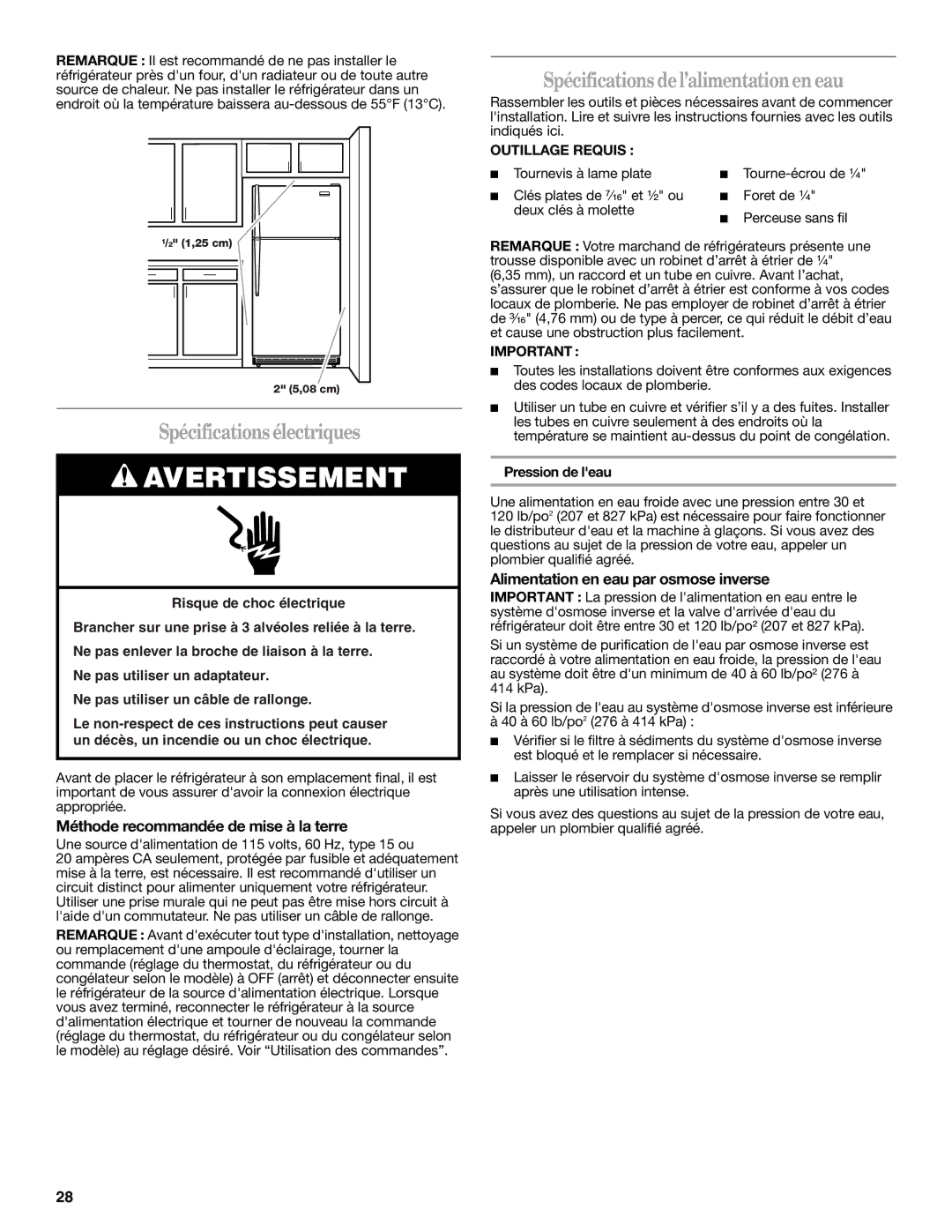 Whirlpool W10312242A Spécificationsélectriques, Spécifications del’alimentationen eau, Outillage Requis 