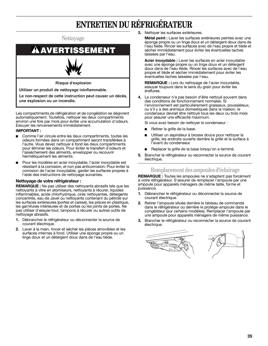 Whirlpool W10312242A installation instructions Entretien DU Réfrigérateur, Nettoyage, Remplacement des ampoules d’éclairage 