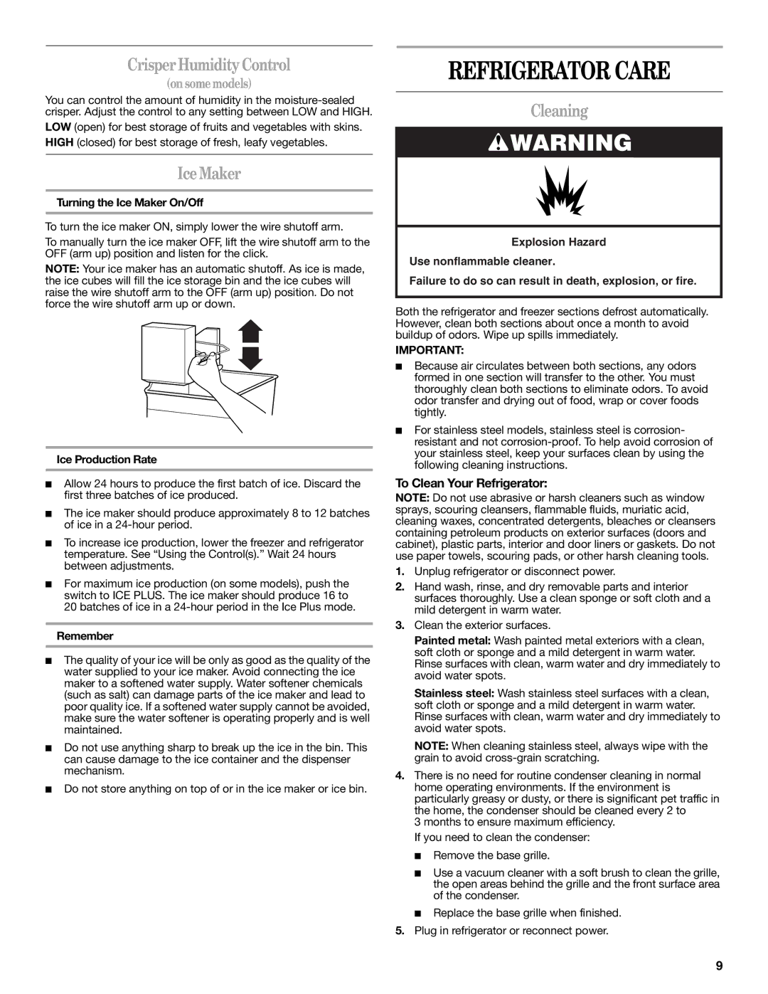 Whirlpool W10312242A Refrigerator Care, Crisper Humidity Control, Ice Maker, Cleaning, To Clean Your Refrigerator 