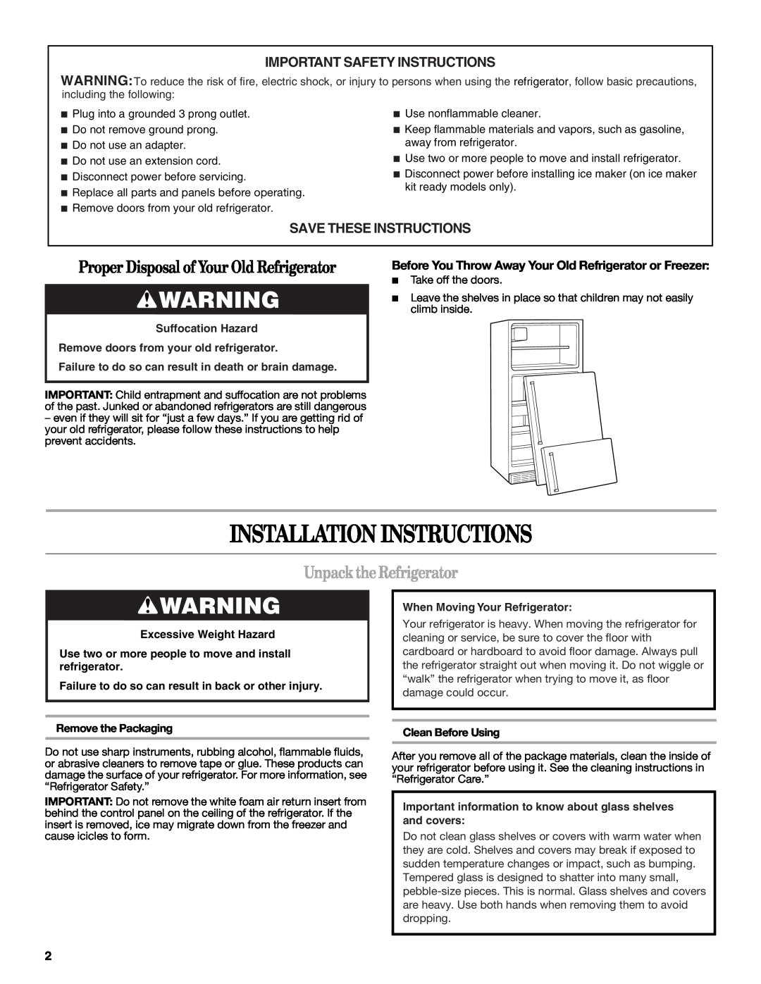 Whirlpool W10312242A Installation Instructions, Unpack the Refrigerator, Important Safety Instructions, Clean Before Using 