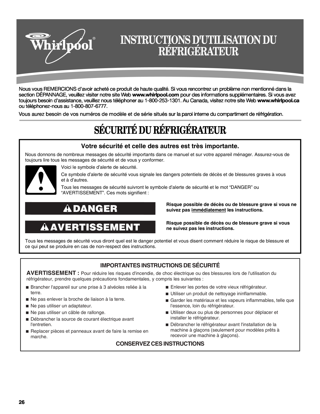 Whirlpool W10312242A Sécurité Du Réfrigérateur, Danger Avertissement, Instructions Dutilisation Du 
