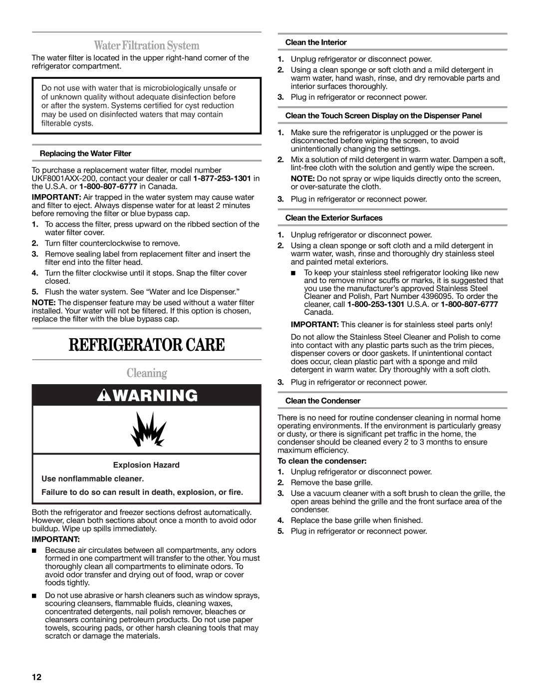 Whirlpool W10314956B installation instructions Refrigerator Care, Water Filtration System, Cleaning 