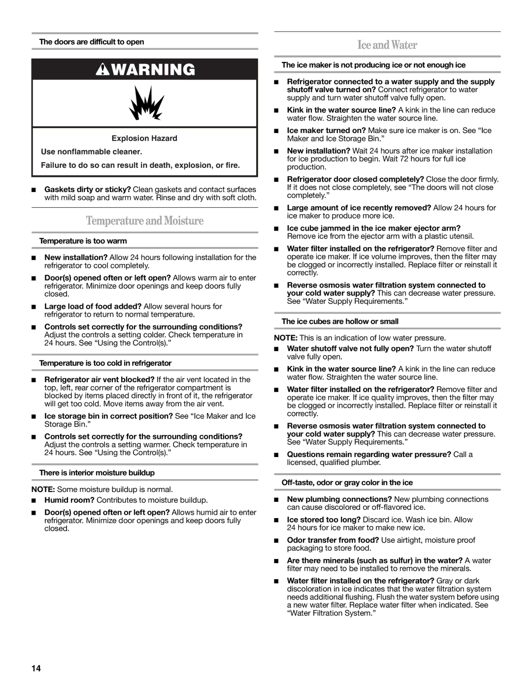 Whirlpool W10314956B installation instructions Temperature and Moisture, Ice and Water, Temperature is too warm 