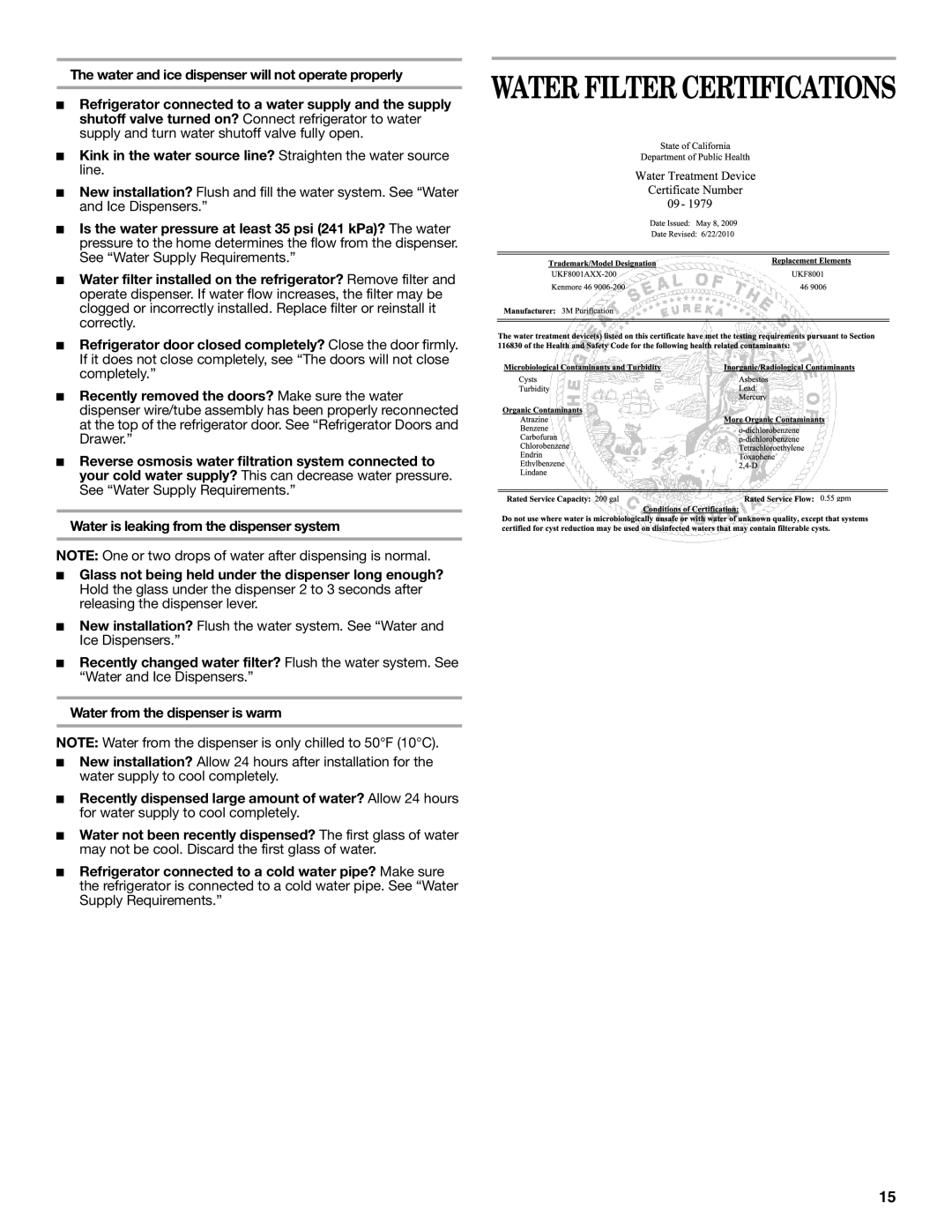 Whirlpool W10314956B Water Filter Certifications, Water and ice dispenser will not operate properly 