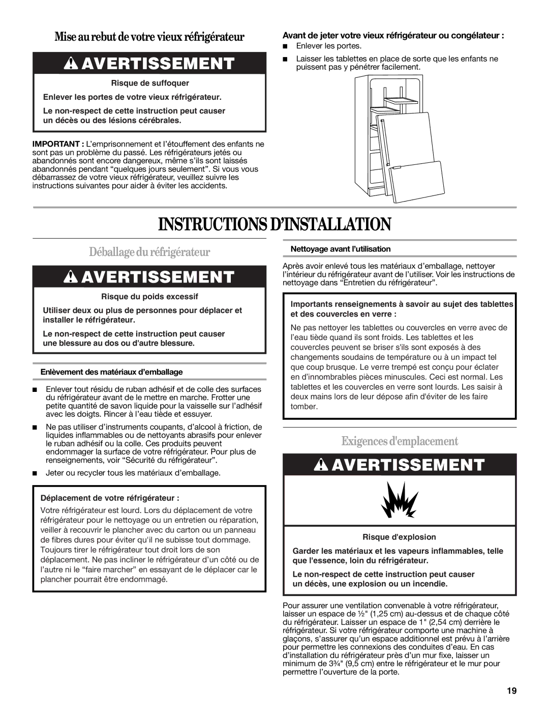 Whirlpool W10314956B Instructions D’INSTALLATION, Déballagedu réfrigérateur, Exigences demplacement 